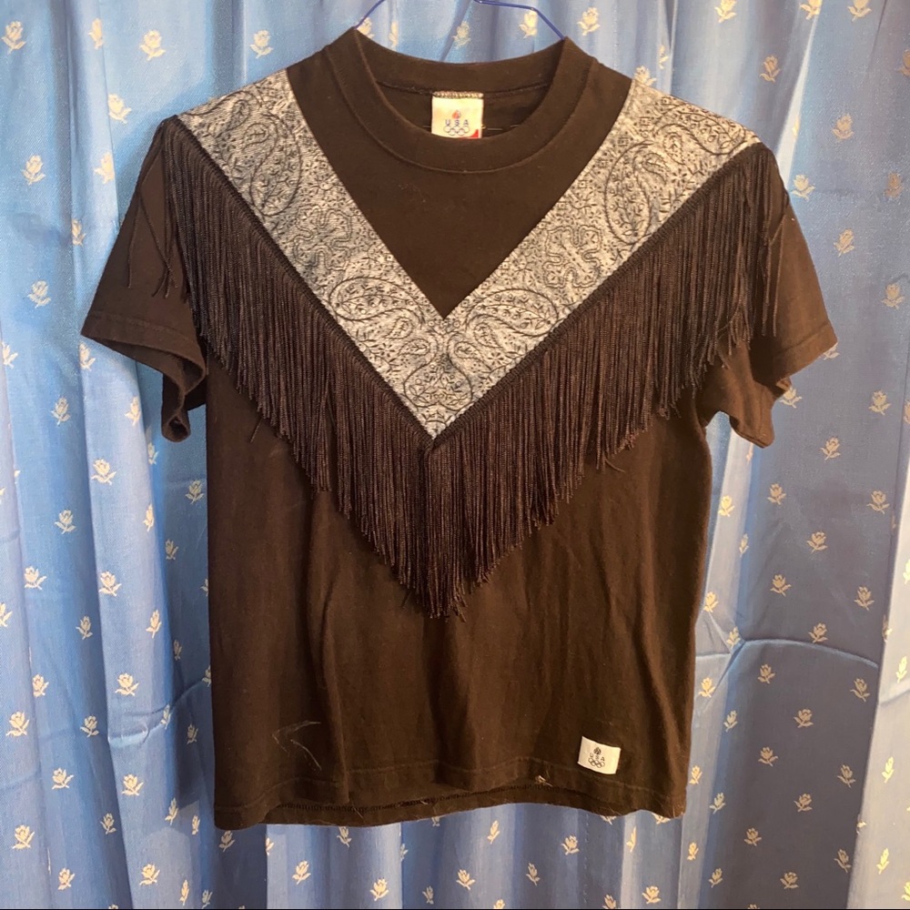 Vintage Olympics 90s fringe paisley black tee sz S